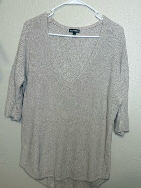 Express Neutral Knit V-Neck Sweater in Taupe